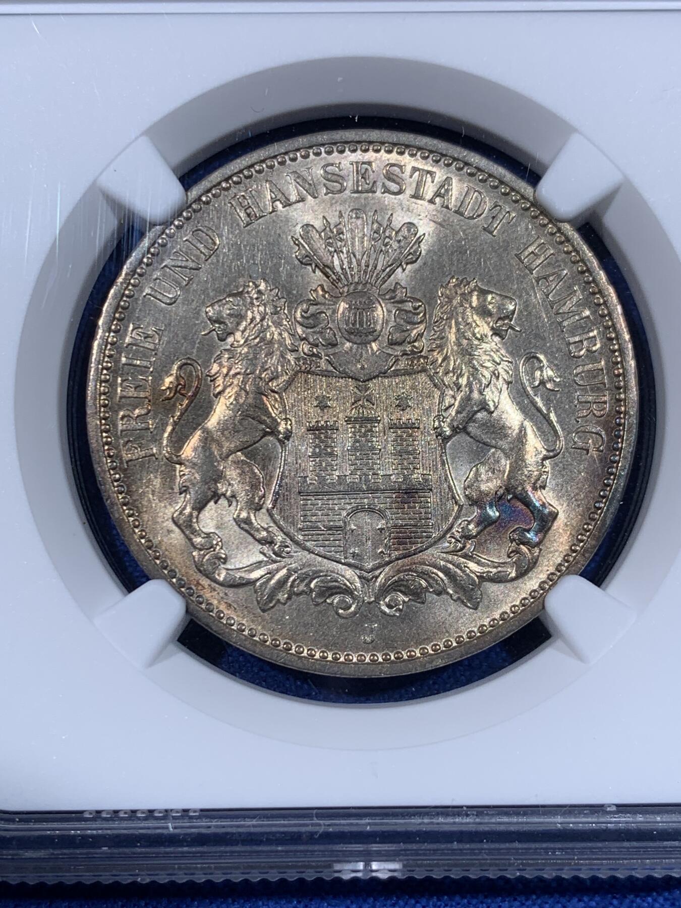 《竞宝斋》第441场 周日，周一，2场连拍 （全场包邮） NGC MS62 德国1913年汉堡双狮3马克银币