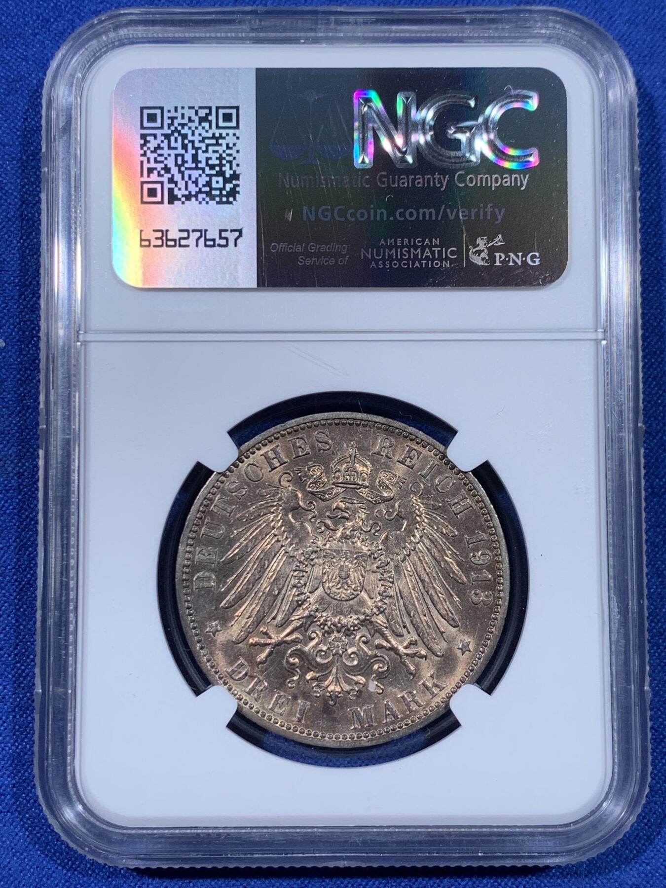 《竞宝斋》第441场 周日，周一，2场连拍 （全场包邮） NGC MS62 德国1913年汉堡双狮3马克银币