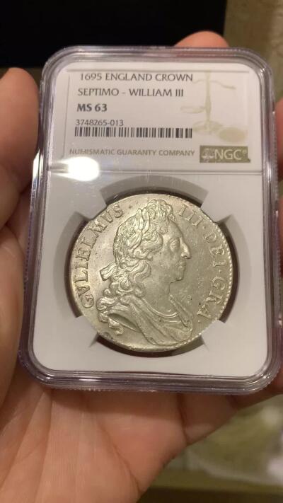 《竞宝斋》第441场 周日，周一，2场连拍 （全场包邮） NGC MS63 英国1695年 威廉三世1克朗银币 全币深打 原银光，历经300多年依然宛如新铸