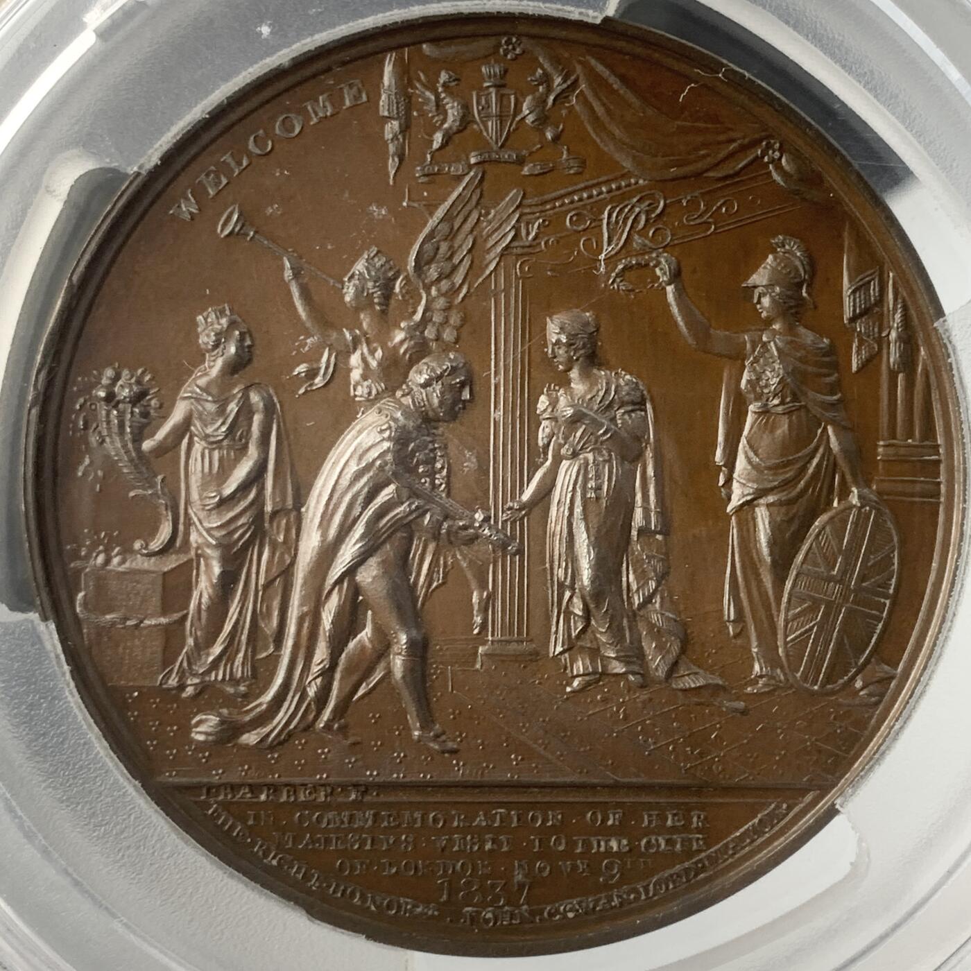 掌中浮雕-藏着的欧洲第043场  PCGS SP63 ：1837年英国维多利亚女王访问伦敦纪念大铜章 ，61mm