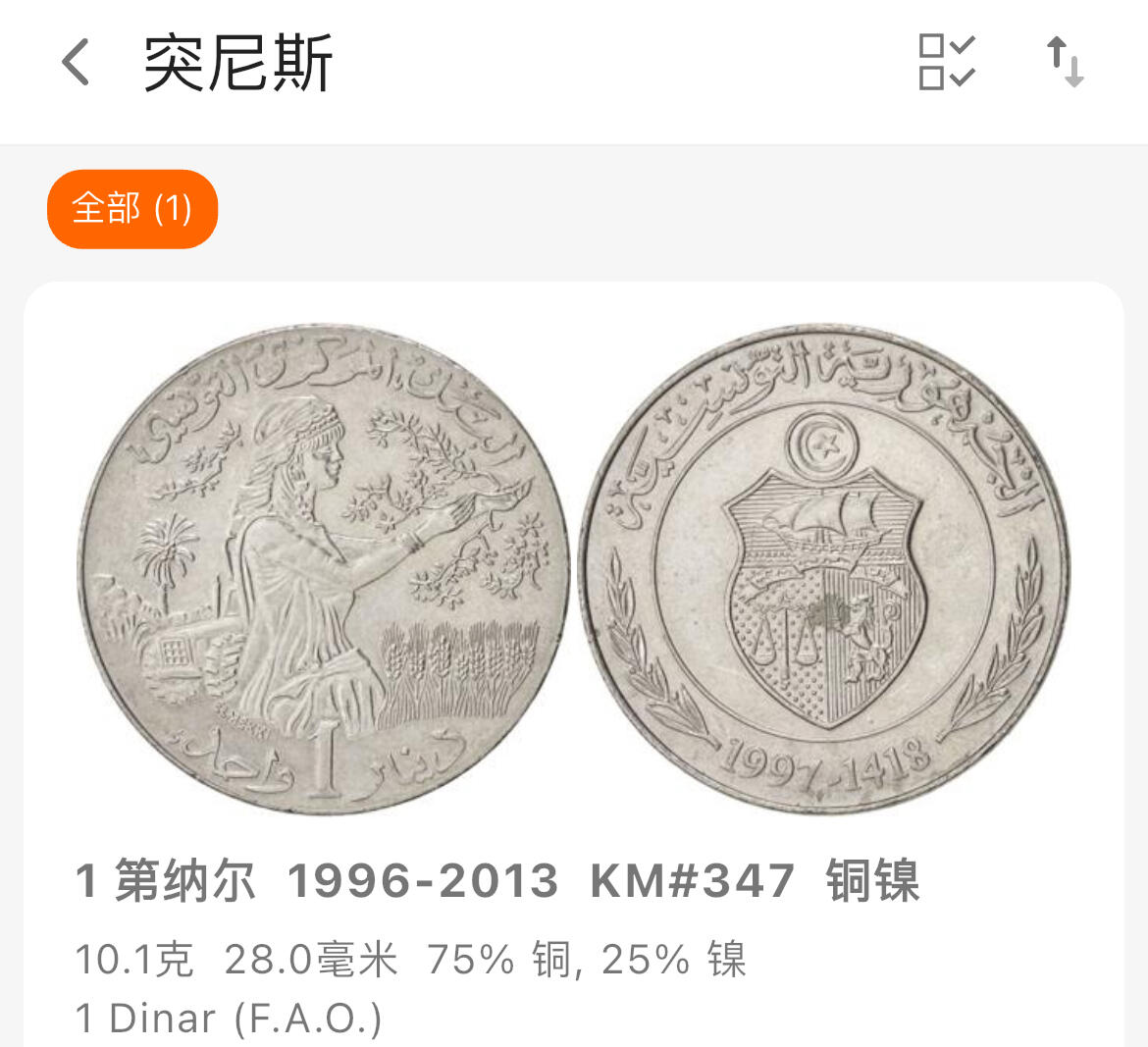 回流1123 突尼斯2011年1第纳尔FAO纪念币 