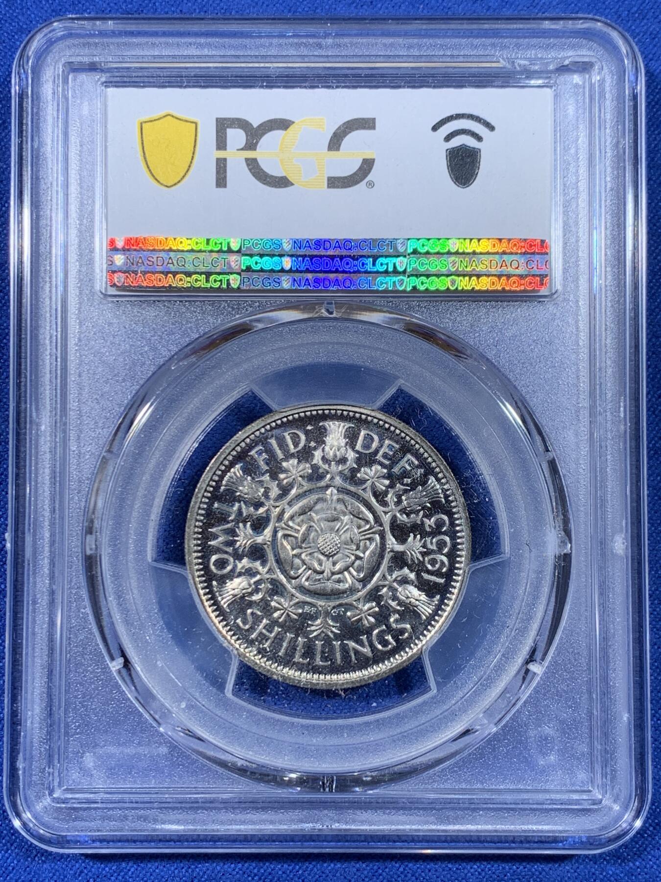 《竞宝斋》第441场 周日，周一，2场连拍 （全场包邮） PCGS PR65CAM  英国1953年伊丽莎白女王登基首年精铸弗洛林，原装拆出，凝霜镜面。此品种标CAM镜面很难，大多只有PR/PF。此枚高分+CAM，凑套必备