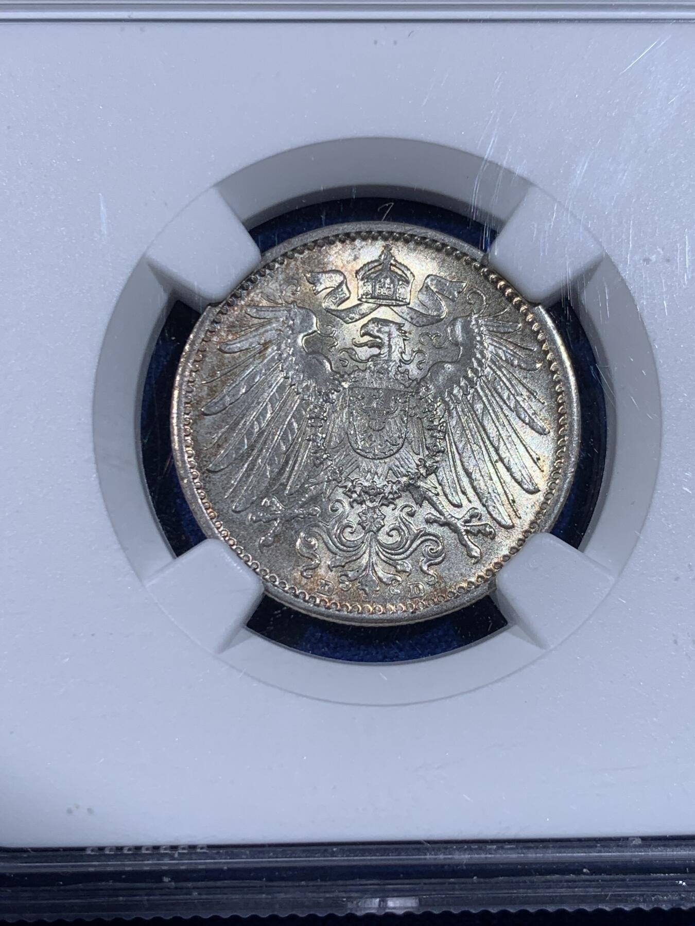 《竞宝斋》第441场 周日，周一，2场连拍 （全场包邮） NGC MS67 德国1914年1马克银币，顶级品相状态，淡彩包浆。