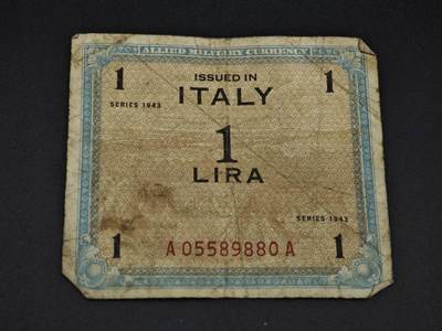 【淘币小摊】实时拍第八百零六拍   纸币场   满百包邮可预留二周 每周一统一发货   - 意大利1943年1里拉纸币【有折】