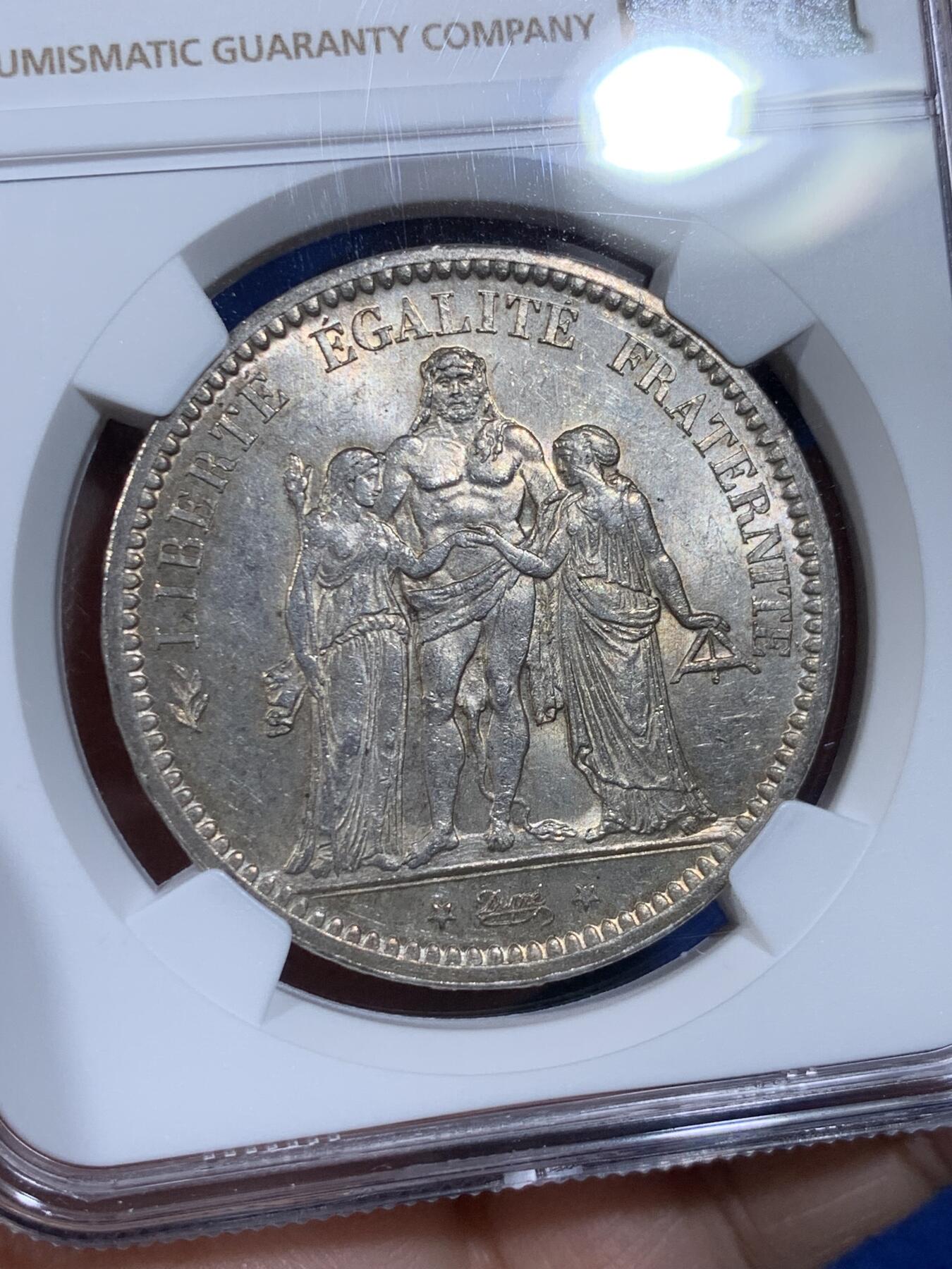 《竞宝斋》第441场 周日，周一，2场连拍 （全场包邮） NGC MS63 法国1873年大力神5法郎银币 黄光柔美 转光丝滑