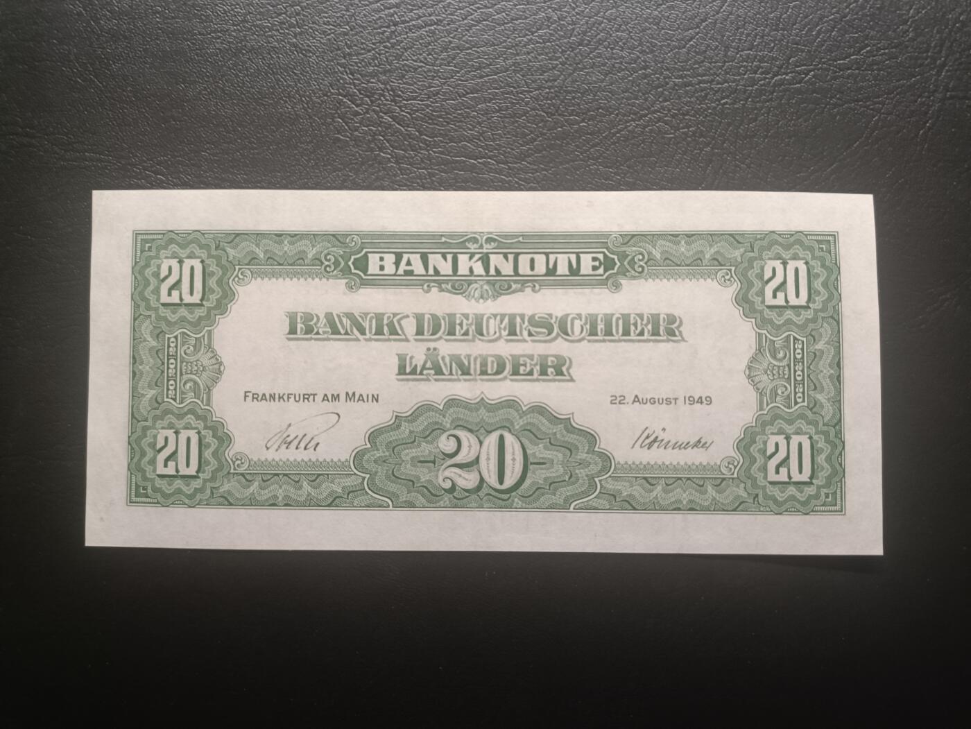 2025十一月第六期，总第204期 德国1949版20马克流通好品XF，后期“德意志国家银行”抬头，铁匠和桂冠女神