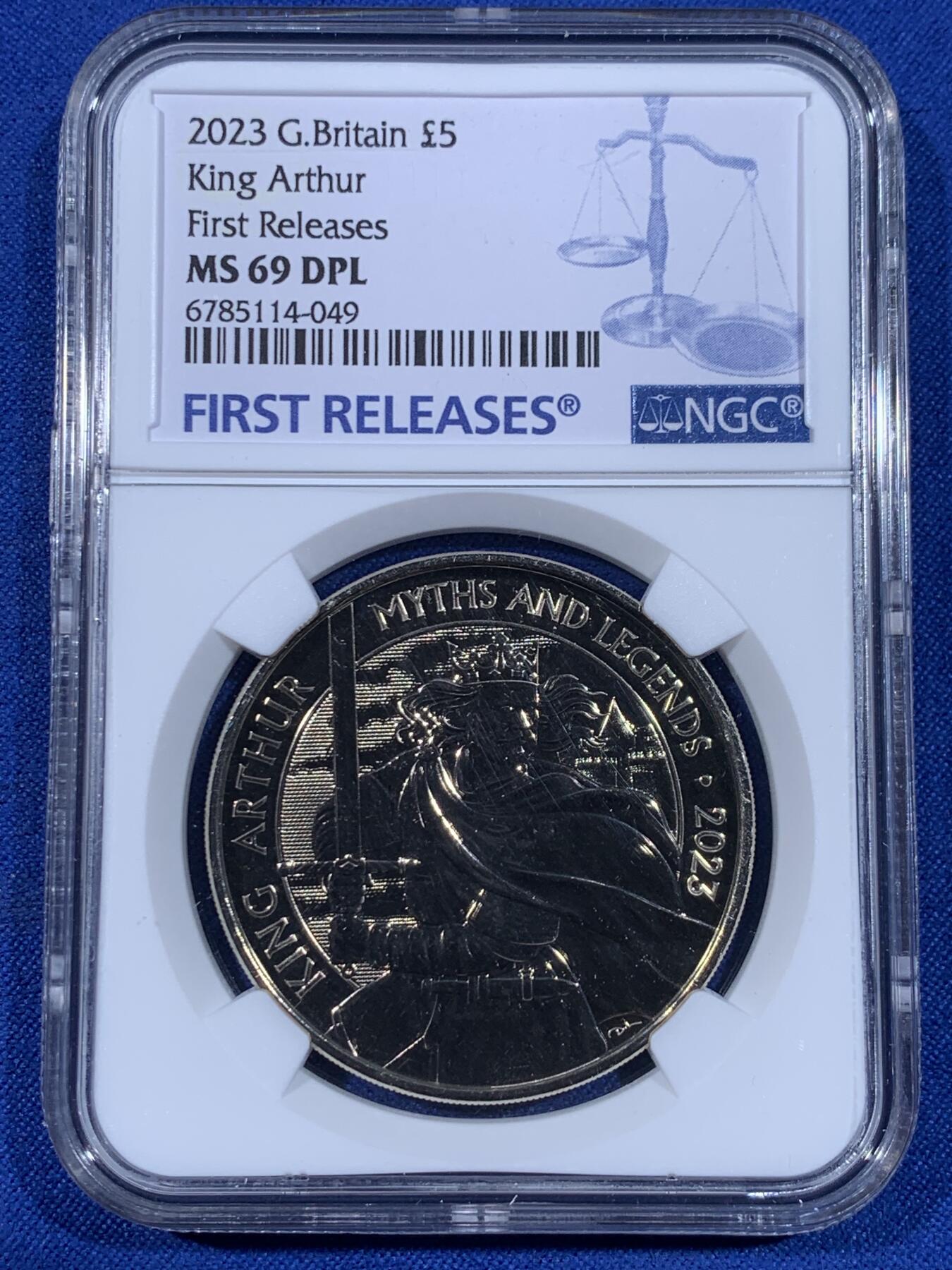 《竞宝斋》第441场 周日，周一，2场连拍 （全场包邮） NGC MS69DPL 英国2023年亚瑟王5英镑