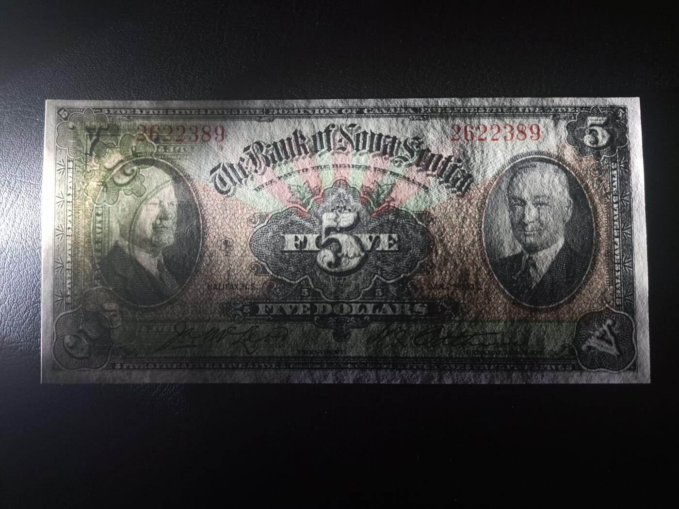 2025十一月第六期，总第204期 加拿大新斯科舍银行1935版5元AUNC无47，稀有的加拿大发钞权收归中央前地方各省发行品种，银行家麦克劳和帕特逊