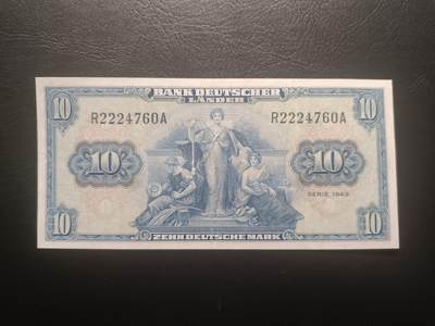 2025十一月第六期，总第204期 - 德国1949版10马克流通好品XF，后期“德意志国家银行”抬头，机械，法律和建筑人格化象征
