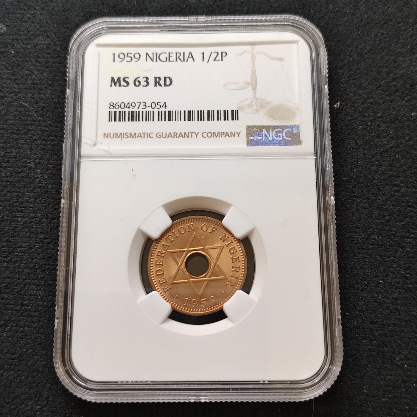 【全场包邮】纯粹捡漏拍481场（免费代拍第18场） 尼日利亚1959年1/2便士铜币-NGC MS63 RD