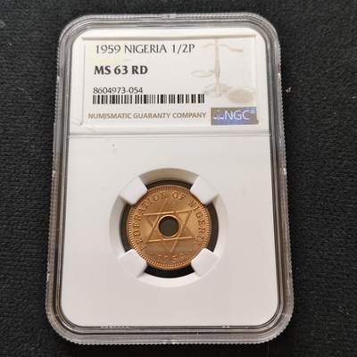【全场包邮】纯粹捡漏拍481场（免费代拍第18场） - 尼日利亚1959年1/2便士铜币-NGC MS63 RD