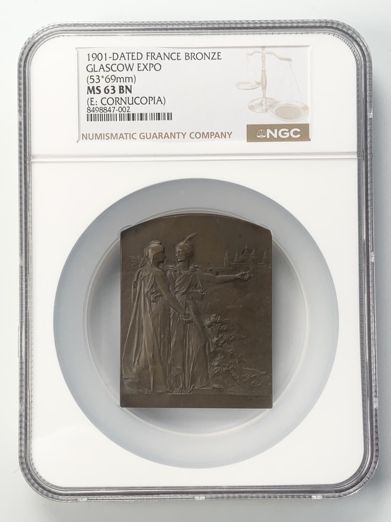 掌中浮雕-藏着的欧洲第043场 NGC MS63 : 1901年苏格兰法国博览会纪念铜章，69 X 53mm，  雕刻家：1900年法国巴黎世博会金奖获得者维克多•佛农（Victor Vernon 1858-1912），Nicolas Maier法国章优秀作品集#161号