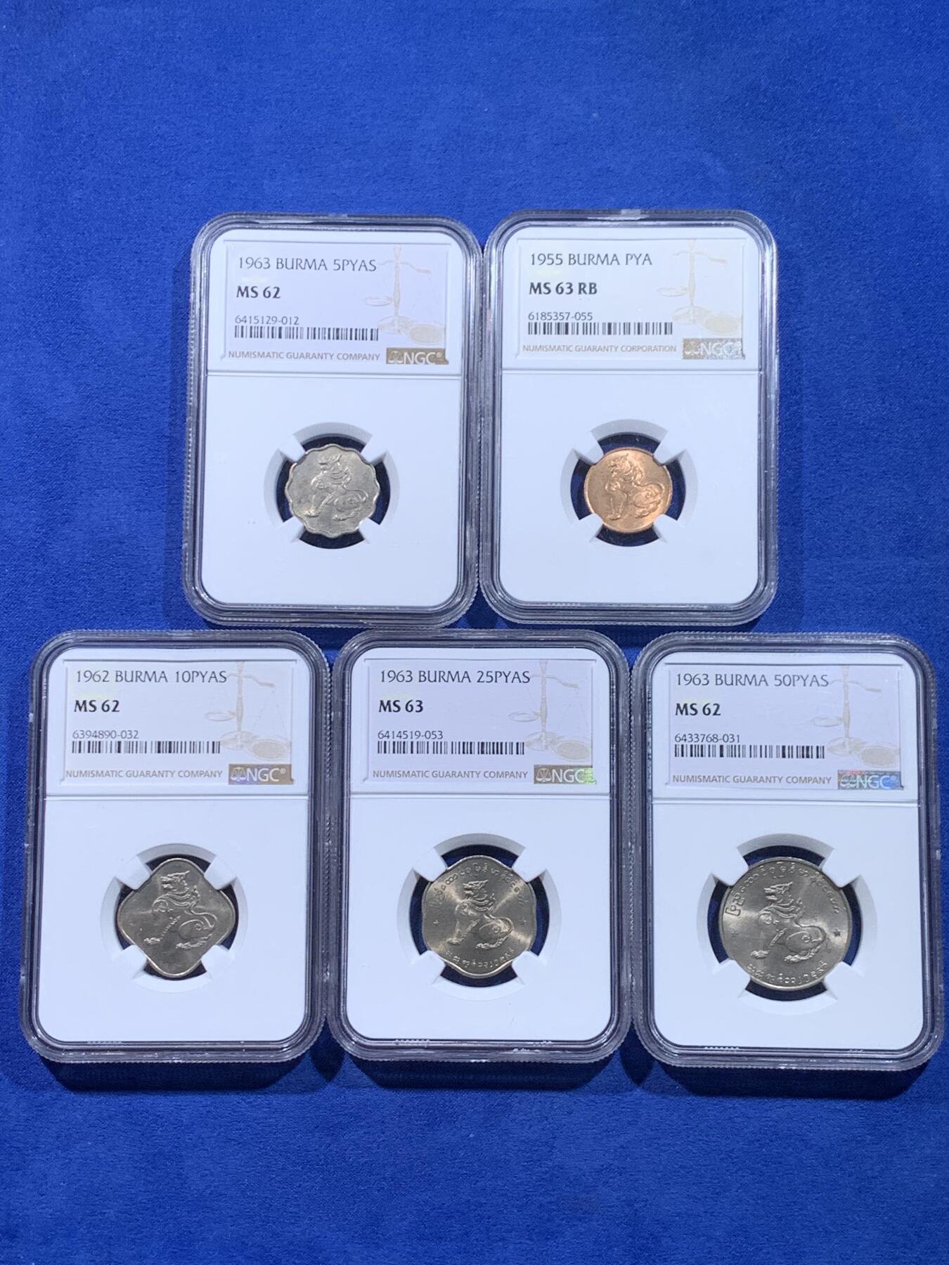 《竞宝斋》第441场 周日，周一，2场连拍 （全场包邮） 五枚一组 NGC MS62/63 缅甸1955-1963年麒麟币，整体品相好，光度足，其中有多个异形币，成套不易。