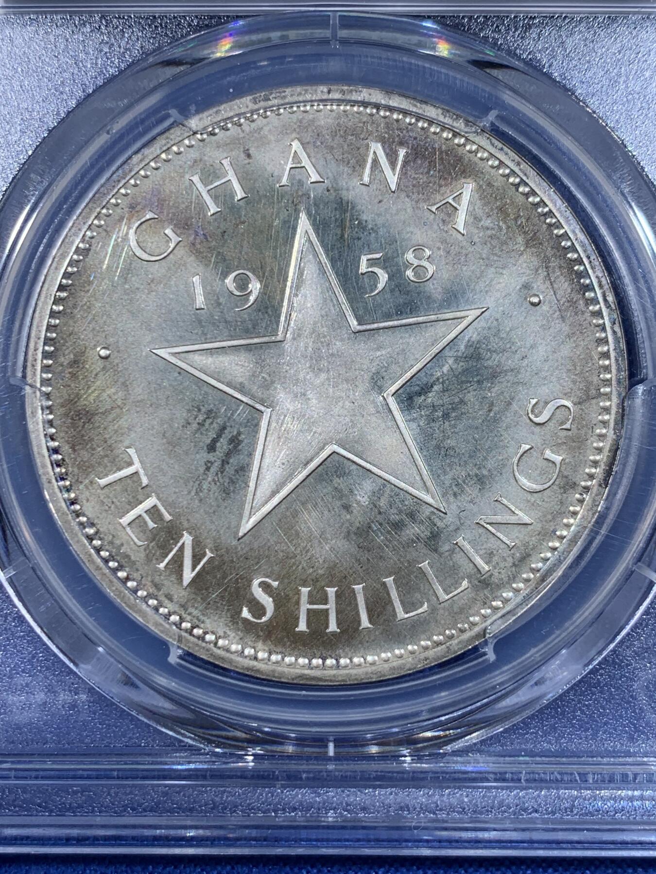 《竞宝斋》第441场 周日，周一，2场连拍 （全场包邮） PCGS PR65 加纳1958年10先令精制大银币 轻微包浆光度好