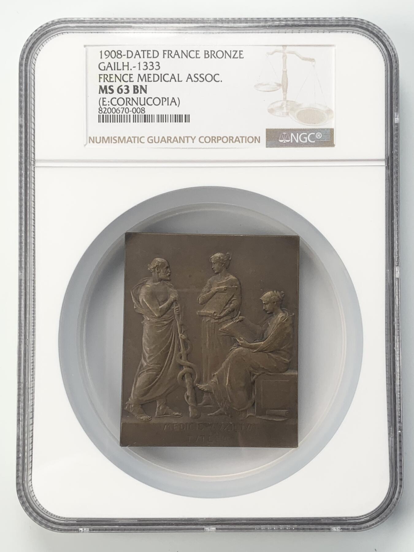 掌中浮雕-藏着的欧洲第043场 NGC MS63 : 1908年法国新艺术运动50周年之国际医学会纪念章，70 X 58mm；Nicolas Maier法国章优秀作品集#239号