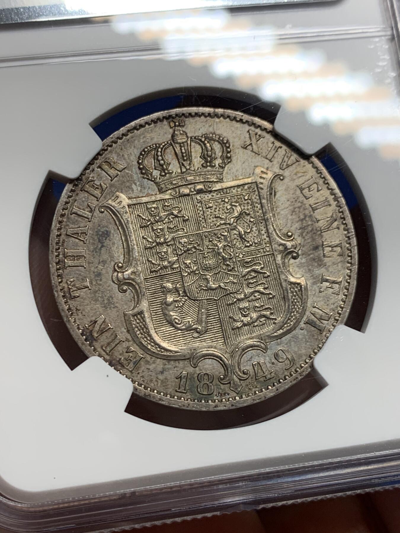 《竞宝斋》第441场 周日，周一，2场连拍 （全场包邮） NGC UNC 德国1849年汉诺威奥古斯特泰勒银币 包浆很好看 可在送评博分