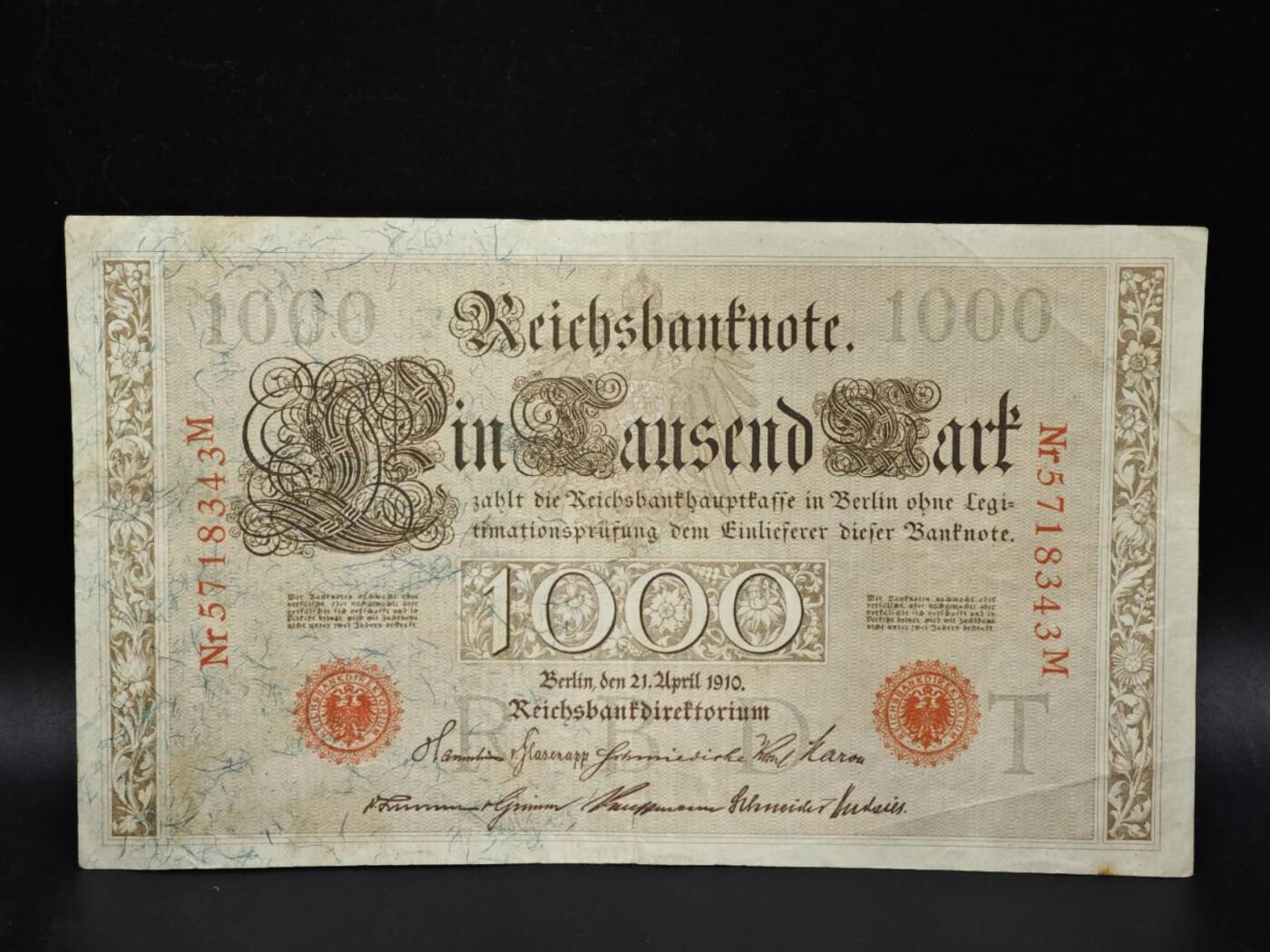 【淘币小摊】实时拍第八百零六拍   纸币场   满百包邮可预留二周 每周一统一发货   德国1910年1000马克纸币【有折】