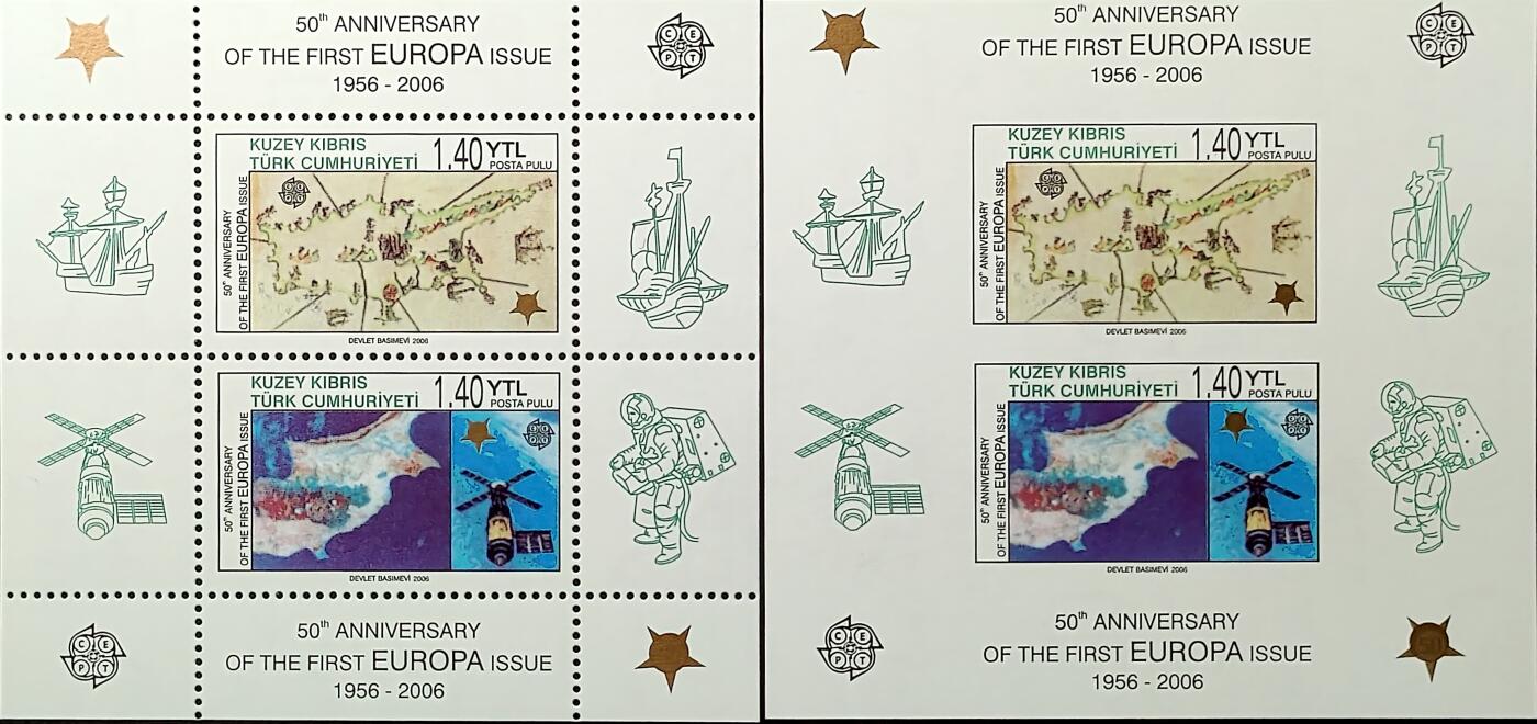 ↓君缘收藏660期☞钱币邮品↓无佣金、可寄存、满30元包邮  土属塞浦路斯邮票，2006年欧洲邮票发行50周年·塞浦路斯历史地图和北塞浦路斯地图 卫星(无齿)小全张2全