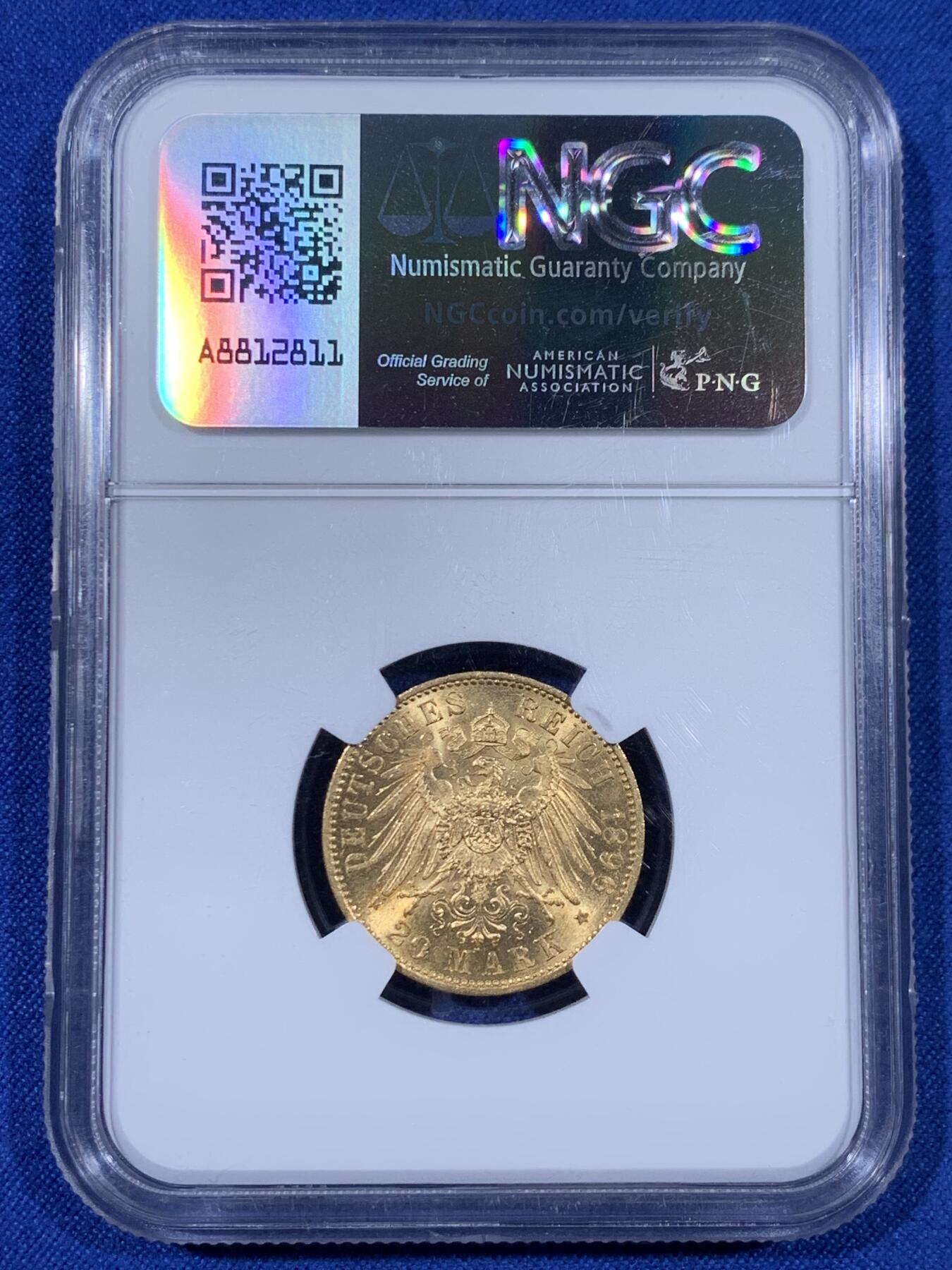 《竞宝斋》第441场 周日，周一，2场连拍 （全场包邮） NGC MS63 德国 普鲁士 1896 A 威廉二世 20马克 金币 早期年份，数量稀少，63分更难得，无敌转光，值得收藏     7.965克900金