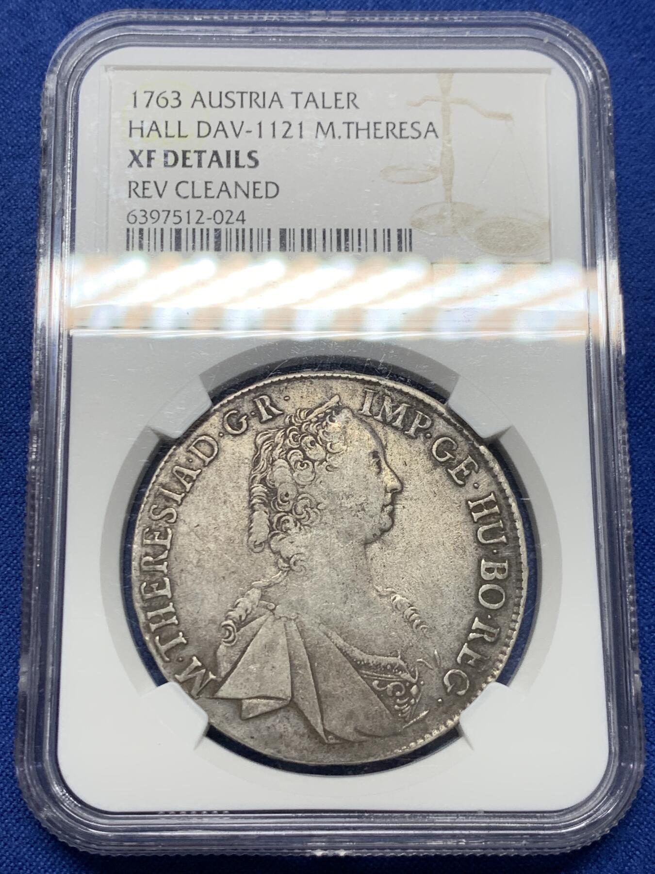《竞宝斋》第441场 周日，周一，2场连拍 （全场包邮） NGC XFD 奥地利1763玛利亚特蕾莎1泰勒，帝国双头鹰银币。