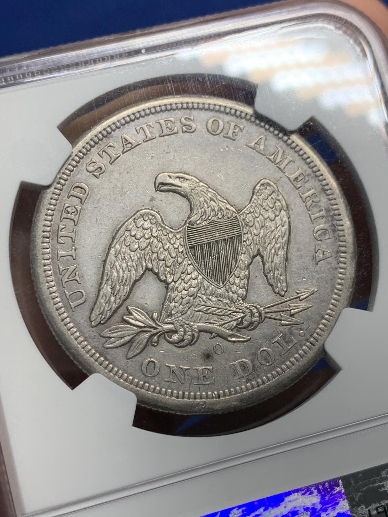 《竞宝斋》第441场 周日，周一，2场连拍 （全场包邮） NGC XFD 美国1860年O版自由女神坐像1美元银币 不带美国箴言“In god we trust”  不常见之物 细节见图