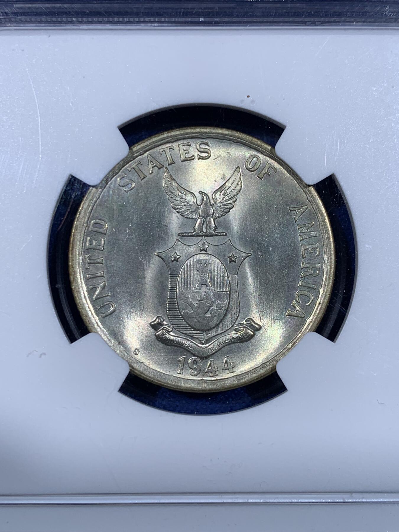 《竞宝斋》第441场 周日，周一，2场连拍 （全场包邮） NGC MS64 菲律宾1944年打铁50分, 非常好看的黄油包浆