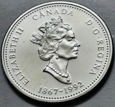 文馨钱币收藏第 282 场，【 长期接收代拍品】，加拿大老铜代用币，银币，德三系列场 - 少见全新未流通 1992 年加拿大 阿尔伯塔省联邦成立125 周年 25 分纪念币