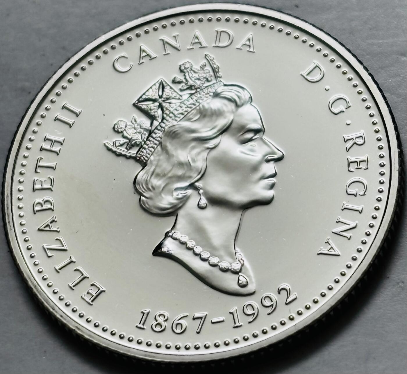 文馨钱币收藏第 282 场，【 长期接收代拍品】，加拿大老铜代用币，银币，德三系列场 少见全新未流通 1992 年加拿大 新布伦瑞克联邦成立 125 周年 25 分纪念币