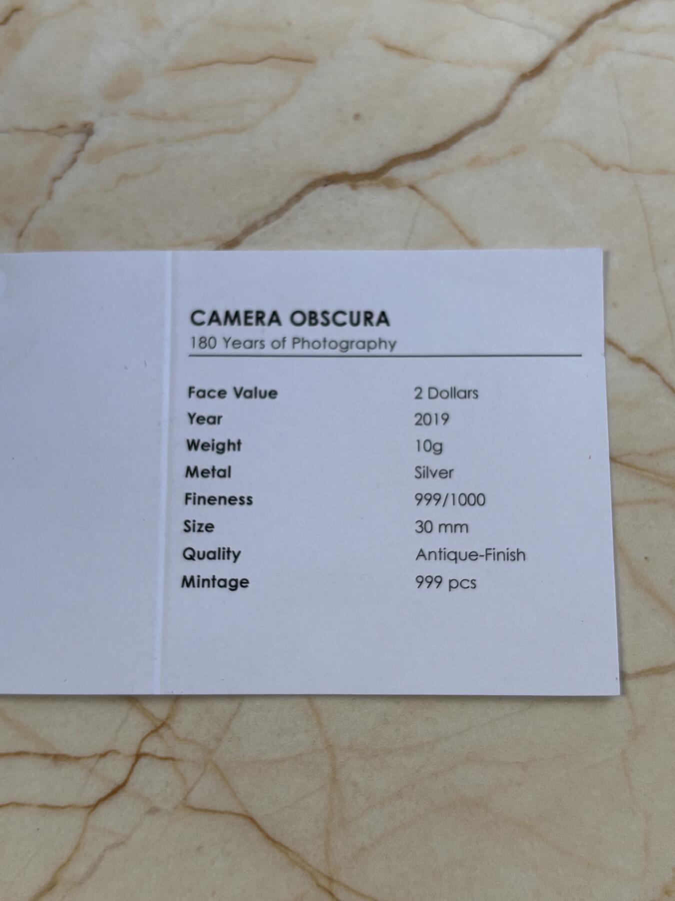 第183期拍卖 帕劳2019年相机照相术发明180周年仿古纪念银币，10克，999银，发行量999枚