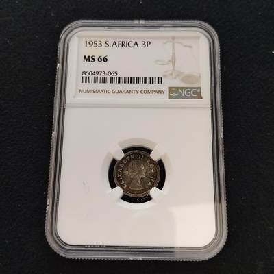 【全场包邮】纯粹捡漏拍481场（免费代拍第18场） - 南非1953年女王3便士银币-NGC MS66