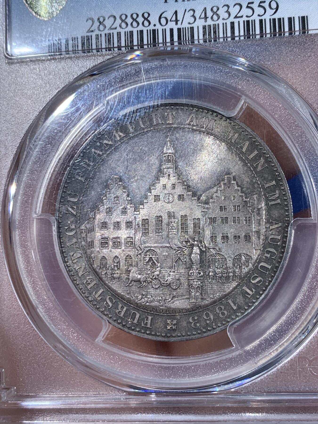 《竞宝斋》第441场 周日，周一，2场连拍 （全场包邮） PCGS MS64 德国1863年法兰克福王子会议泰勒 五彩包浆非常给力的状态