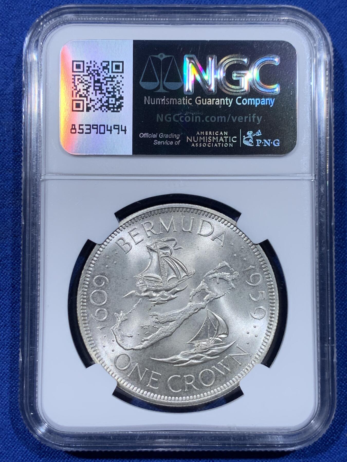 《竞宝斋》第442场 周日，周一，2场连拍 （全场包邮） NGC MS67 百慕大1959年1克朗纪念大银币，超级暴光高分，一枚即可永久入藏