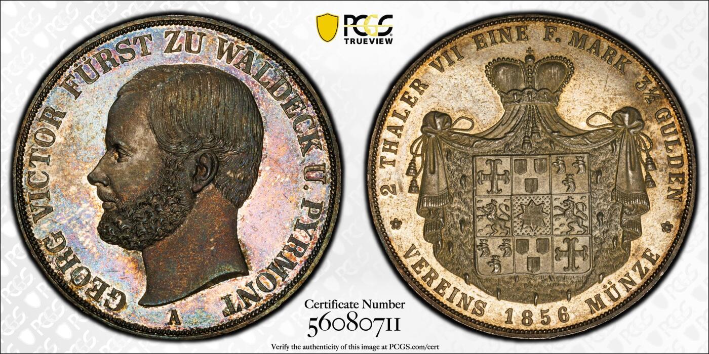 《竞宝斋》第442场 周日，周一，2场连拍 （全场包邮） NGC MS62 德国 1856年 瓦尔德克 维克托2泰勒37克的大银币 11375枚的发行量 品种状态都是不可多得的