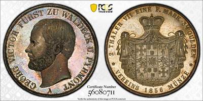 《竞宝斋》第442场 周日，周一，2场连拍 （全场包邮） - NGC MS62 德国 1856年 瓦尔德克 维克托2泰勒37克的大银币 11375枚的发行量 品种状态都是不可多得的