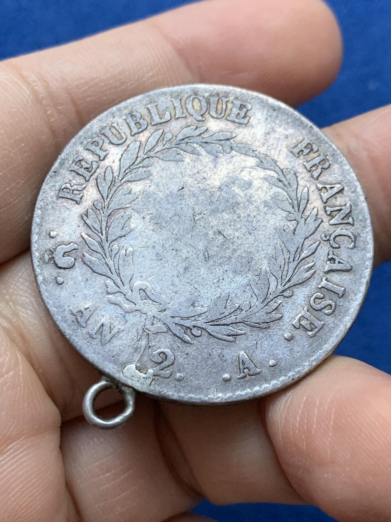 《竞宝斋》第442场 周日，周一，2场连拍 （全场包邮） 法国1804年共和十二年拿破仑5法郎银币，稀少，有吊环。