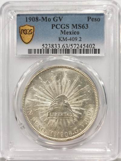 博洋堂世界钱币拍卖第149期（全场包邮） - PCGS MS63 墨西哥1908年MO GV版直边鹰洋，转光一流