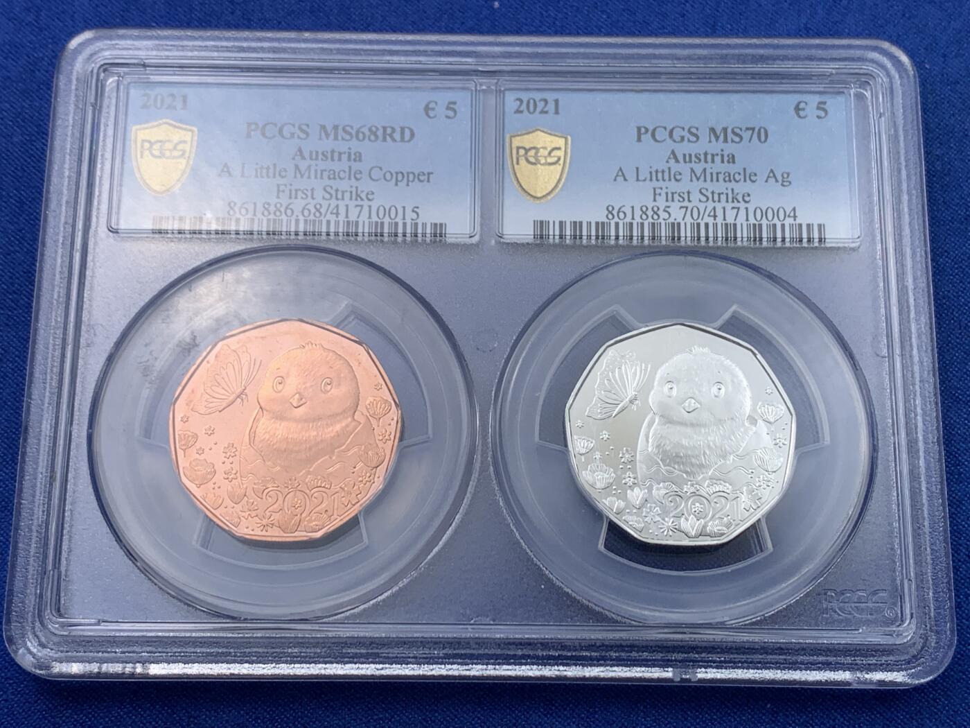 《竞宝斋》第442场 周日，周一，2场连拍 （全场包邮） 少见 奥地利2021年复活节系列-一个小奇迹5欧元银铜非流通币套 首期 PCGS MS70（冠军分） 8.41克 925银 PCGS MS68RD 铜币 细节见图