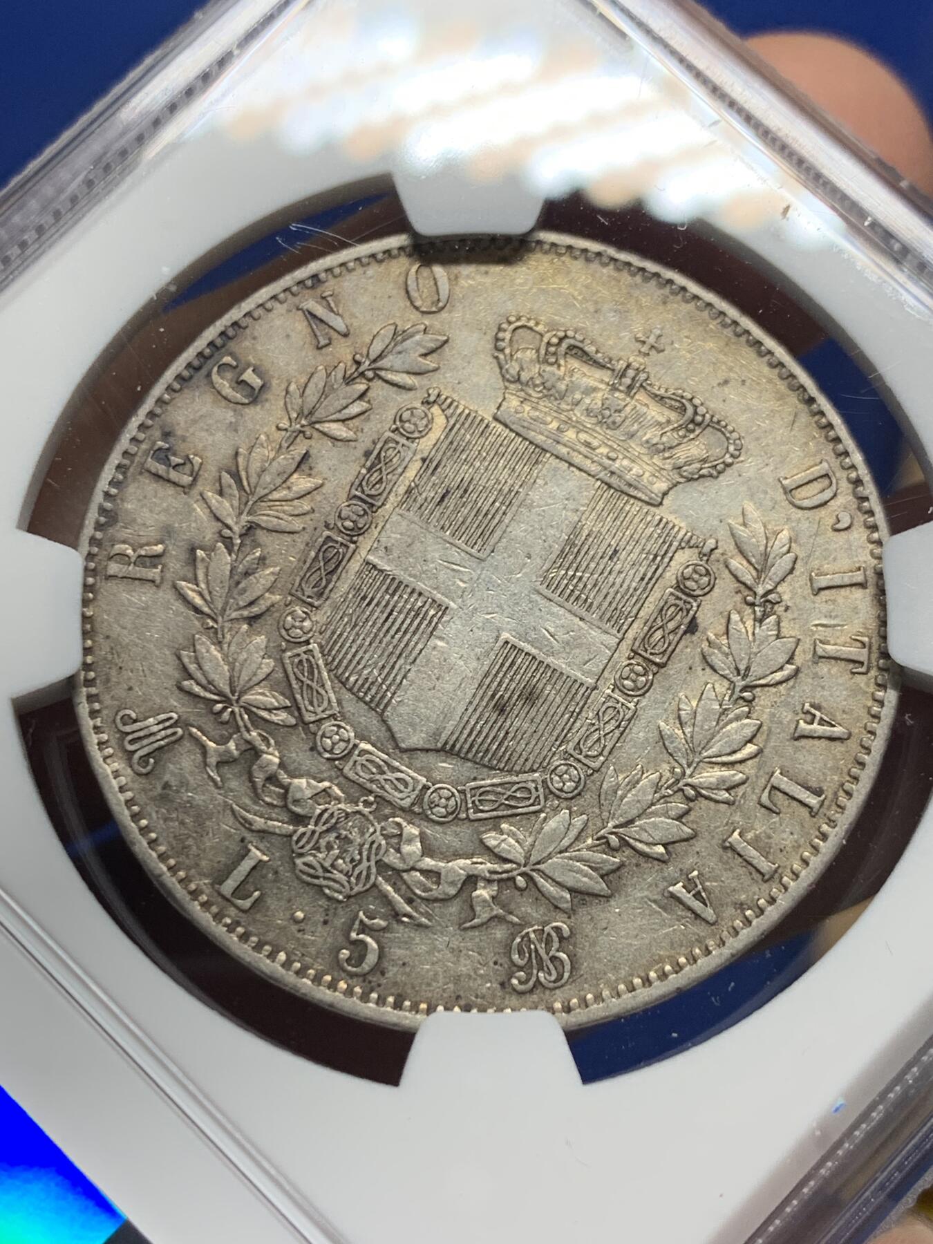 《竞宝斋》第442场 周日，周一，2场连拍 （全场包邮） NGC XF45 意大利1875年伊曼纽尔二世5里拉大银币 原味老包浆 带光带彩 AU状态低评