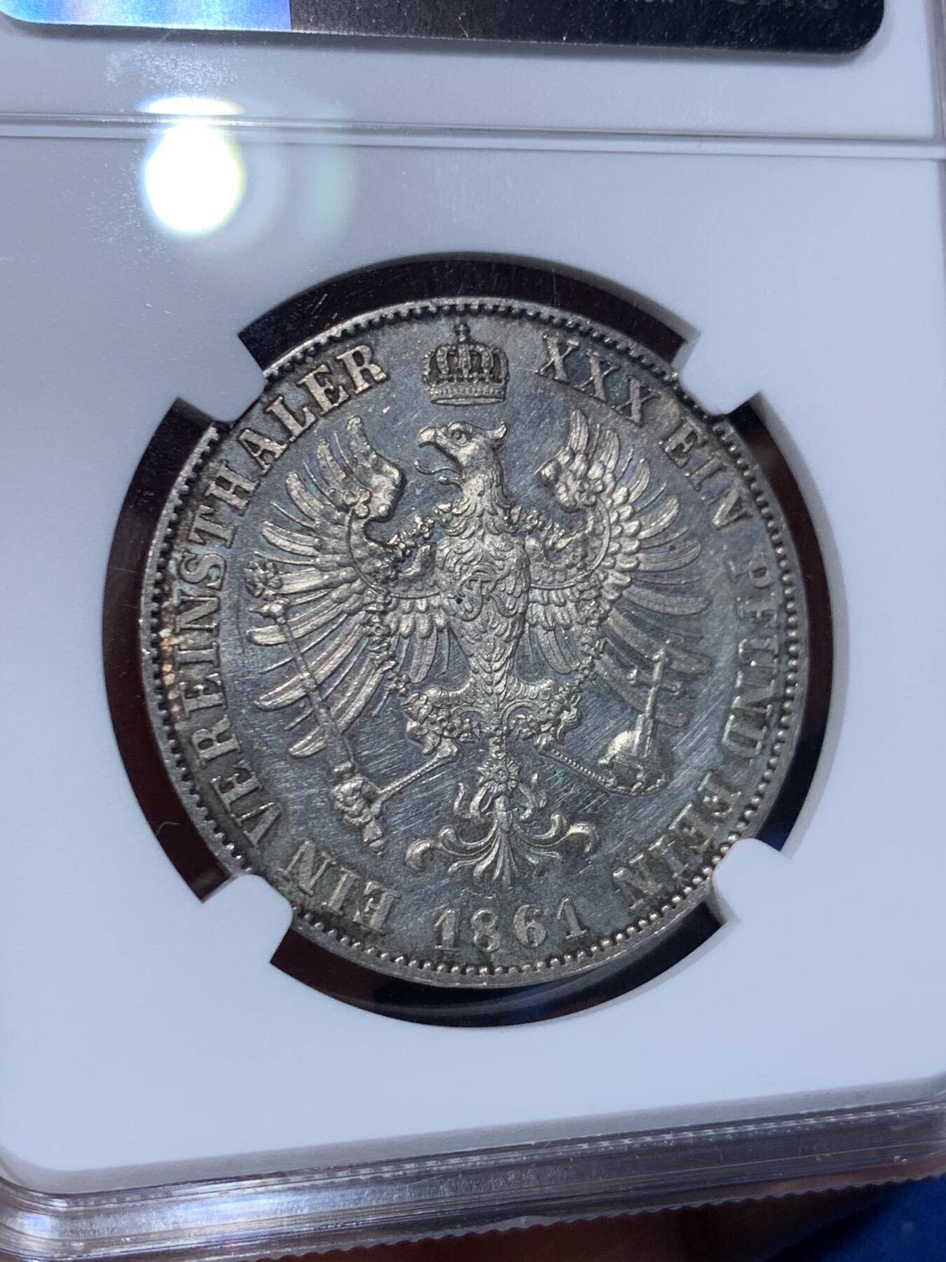 《竞宝斋》第442场 周日，周一，2场连拍 （全场包邮） NGC MS62 德国1861年普鲁士威廉四世一泰勒，小特年，威廉四世与威廉一世交接年份，远少于同品种其他年份发行量，仅发行10000枚，打制锋利，类镜面效果