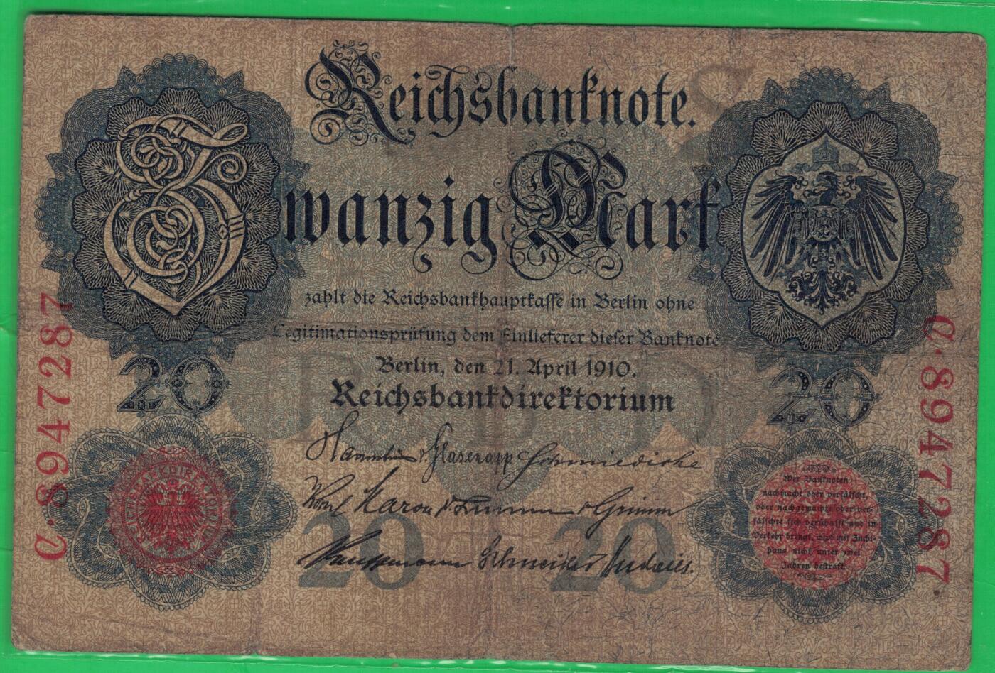 德国1910年20马克 P-40b 无水印 加盖字母S 7位号 实物图