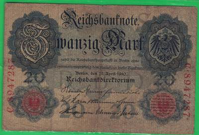 德国1910年20马克 P-40b 无水印 加盖字母S 7位号 实物图 - 德国1910年20马克 P-40b 无水印 加盖字母S 7位号 实物图