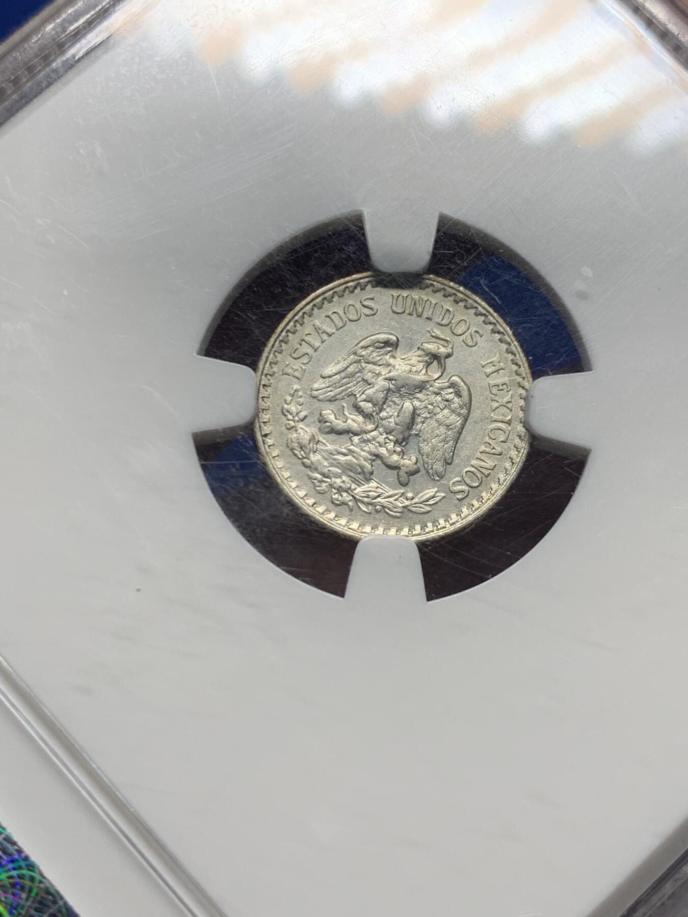 《竞宝斋》第442场 周日，周一，2场连拍 （全场包邮） NGC XFD 墨西哥1919年10分银币 淡淡银光 NGC早期紫色评级标签