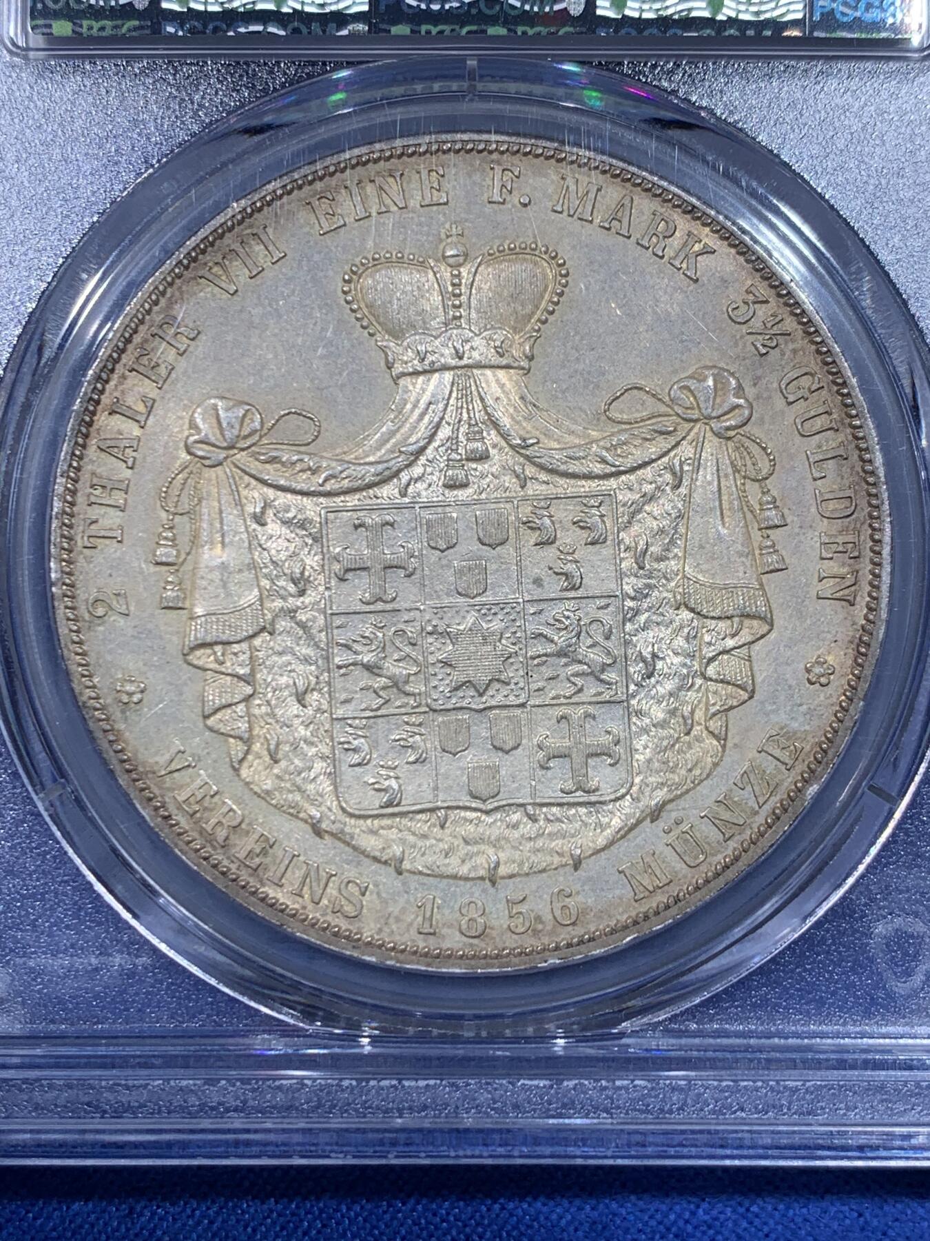 《竞宝斋》第442场 周日，周一，2场连拍 （全场包邮） NGC MS62 德国 1856年 瓦尔德克 维克托2泰勒37克的大银币 11375枚的发行量 品种状态都是不可多得的