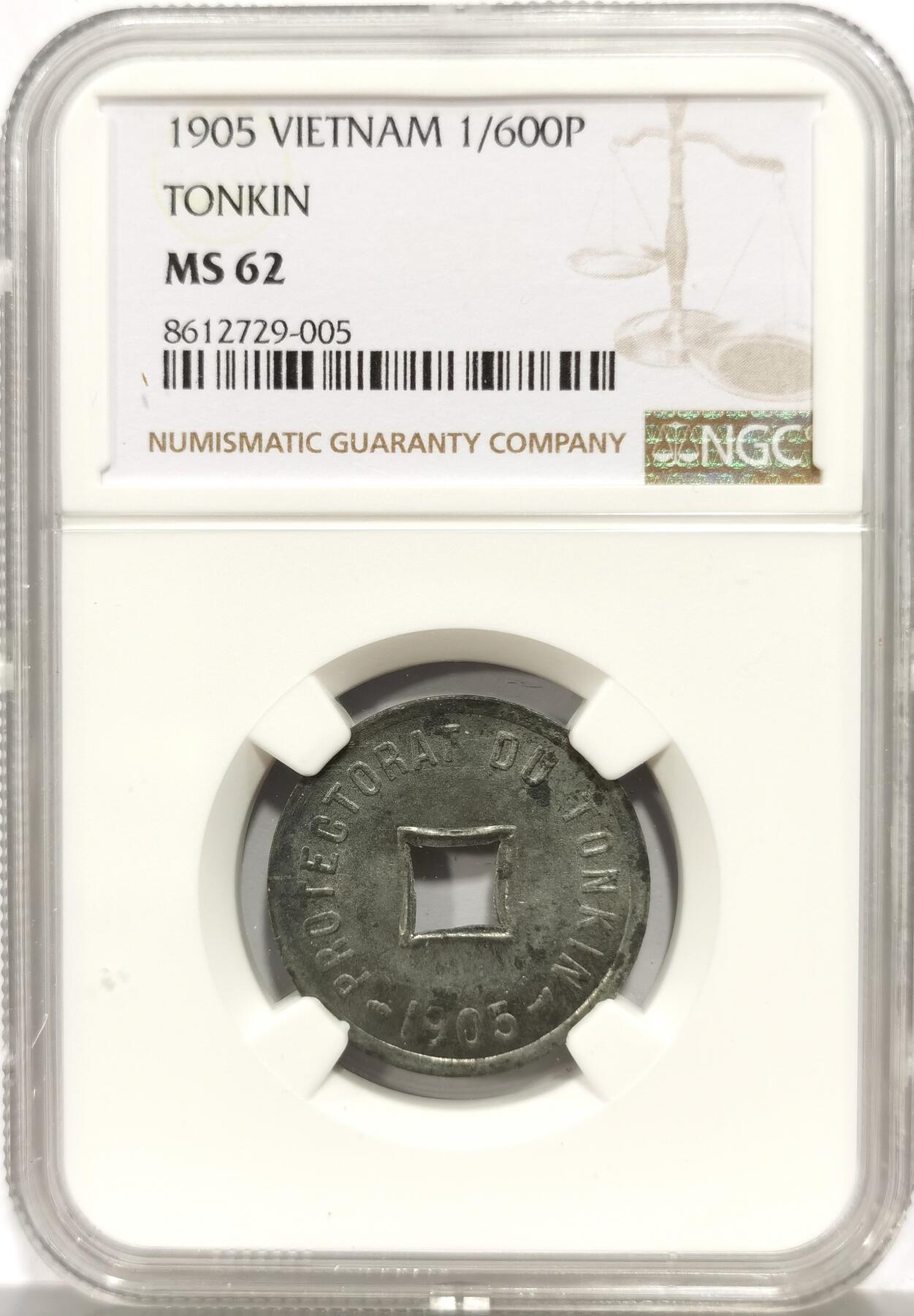 博洋堂世界钱币拍卖第149期（全场包邮） NGC MS62 法属越南东京湾1905年1/600P锌币，六百分之一通宝