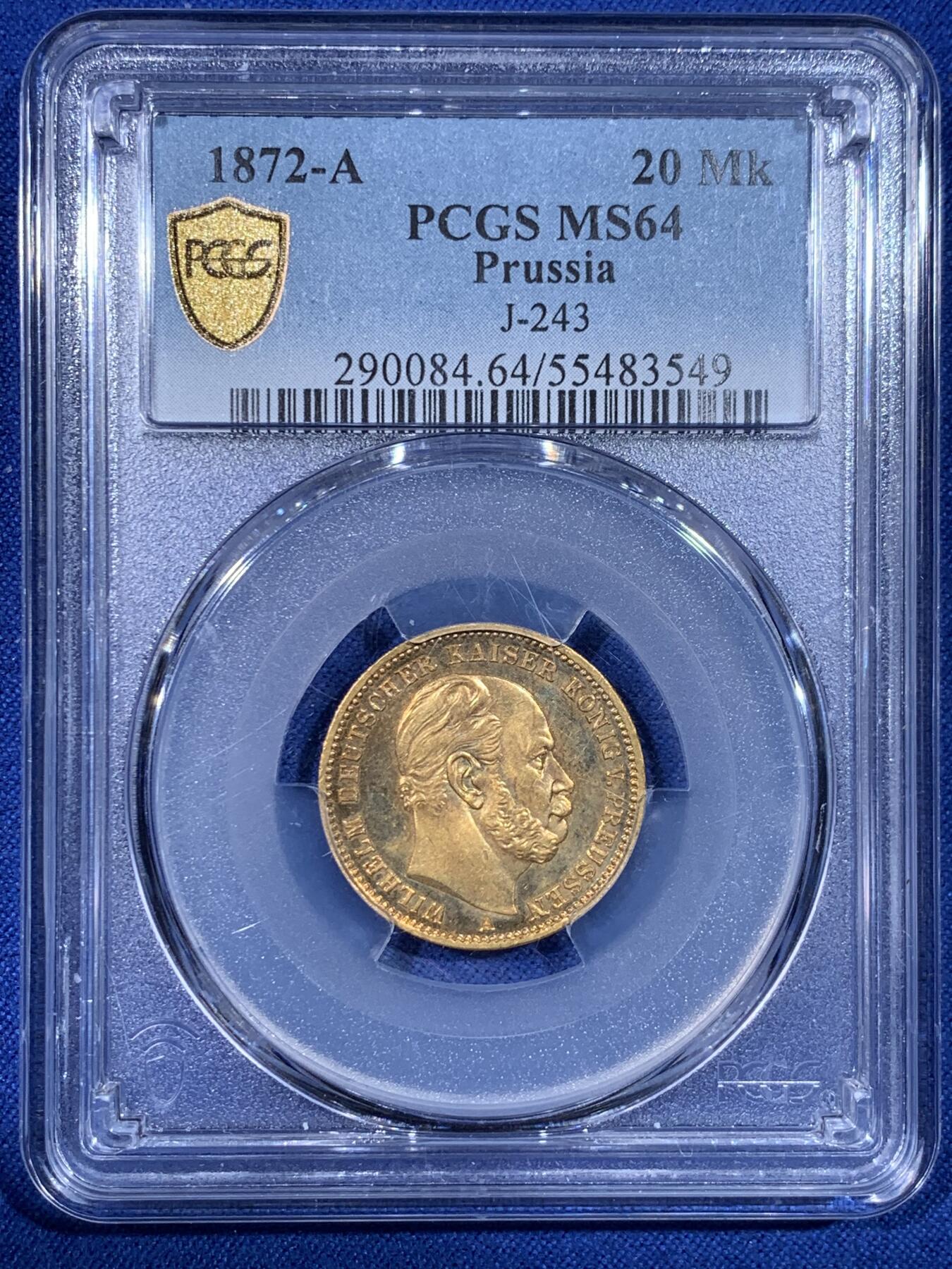 《竞宝斋》第442场 周日，周一，2场连拍 （全场包邮） PCGS MS64 德国普鲁士1872A威廉一世20马克金币 7.96克 900金 德二早期20马克，少见品种，64分不易，类镜面很漂亮