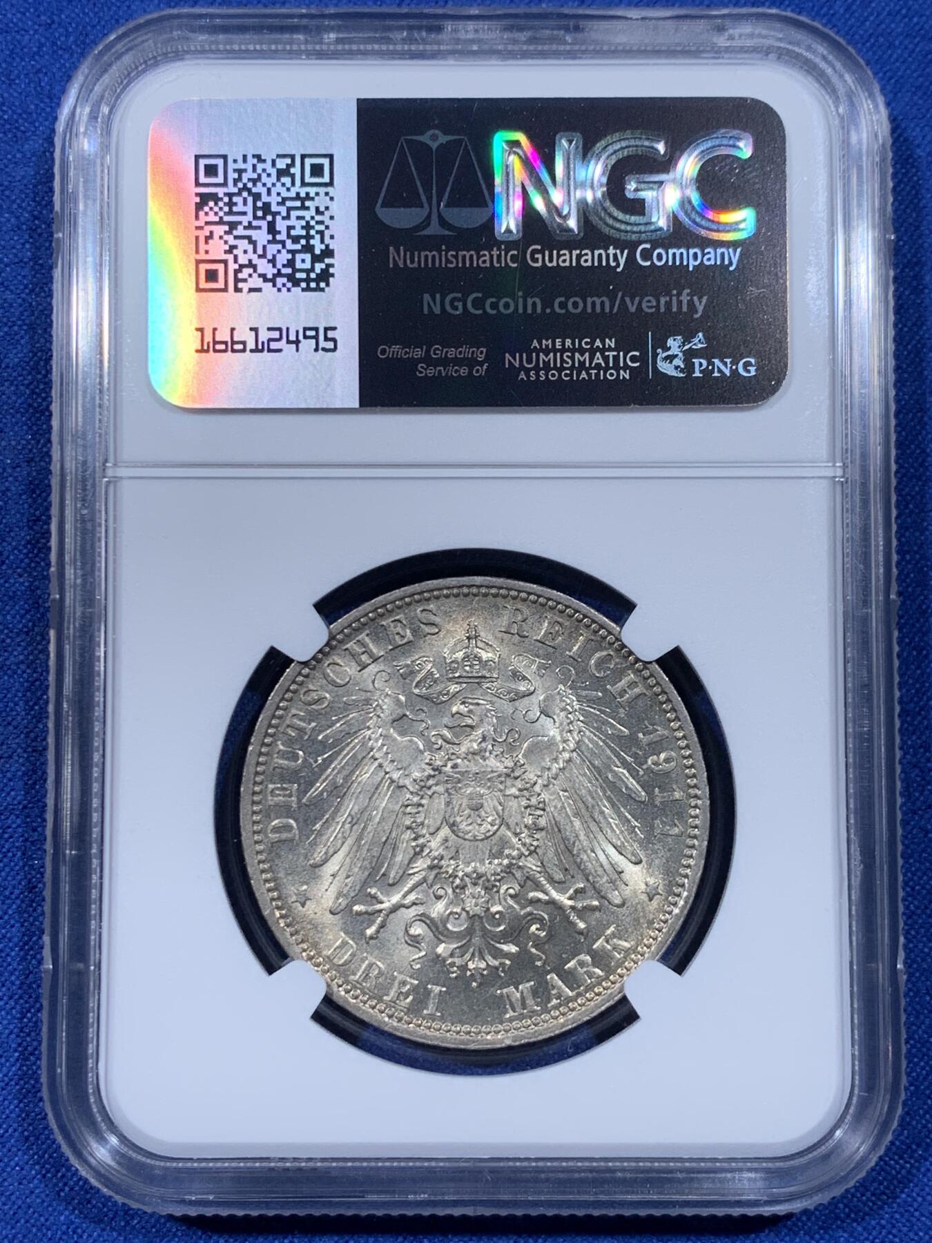 《竞宝斋》第442场 周日，周一，2场连拍 （全场包邮） NGC MS61 德国 1911年 巴伐利亚柳特波德3马克银币