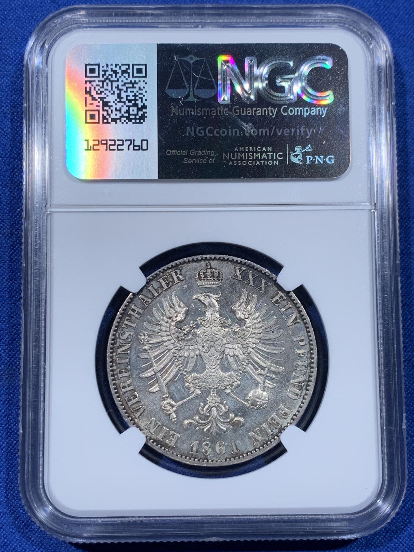 《竞宝斋》第442场 周日，周一，2场连拍 （全场包邮） NGC MS62 德国1861年普鲁士威廉四世一泰勒，小特年，威廉四世与威廉一世交接年份，远少于同品种其他年份发行量，仅发行10000枚，打制锋利，类镜面效果