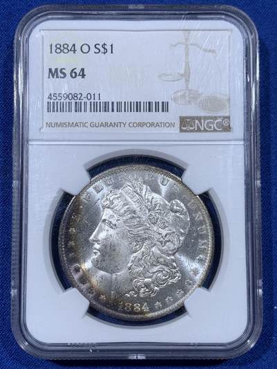 《竞宝斋》第442场 周日，周一，2场连拍 （全场包邮） - NGC MS64 美国1884年摩根银币O厂 双面五彩月牙