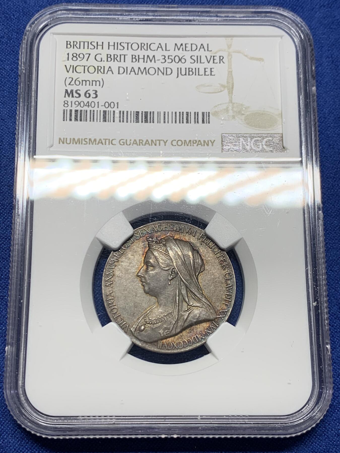 《竞宝斋》第442场 周日，周一，2场连拍 （全场包邮） NGC MS63 英国1897年维多利亚女王登基加冕60周年纪念银章