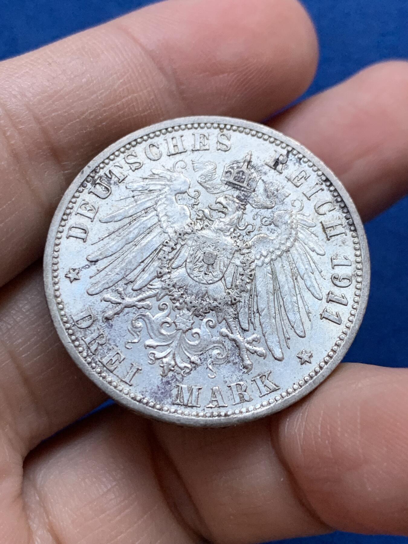 《竞宝斋》第442场 周日，周一，2场连拍 （全场包邮） 德国 1911年 普鲁士威廉二世3马克银币 带转光